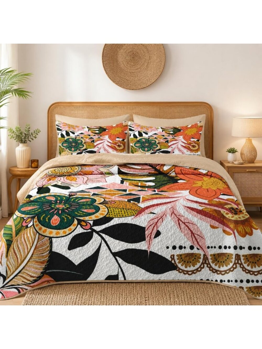 Boho Floral Queen Quilt Set - 3 Piece Bedding, Stylish Bedspread for Cozy Decor